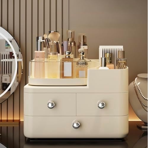 Cosmetic Organizer with 3 Drawers, Makeup Storage Display Case, White Vanity Beauty Container, Chrome Knobs