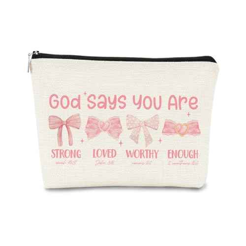 God Says You are Preppy Stuff Pink Coquette Bow Makeup Bag, Coquette Accessories,Christian Gifts for Women, Cute Bag, Trendy Makeup Bag, Preppy Christmas Stuff,Cute Makeup Pouch