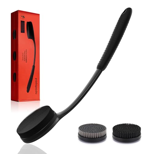 Long Handle Shower Back Scrubber,15.75 Inch Ergonomic Curved Brush with 3 Replaceable Heads with Soft and Firm Bristles,Silicone Handle for Easy Back Cleaning and Exfoliation,Bath Body Brush,Black