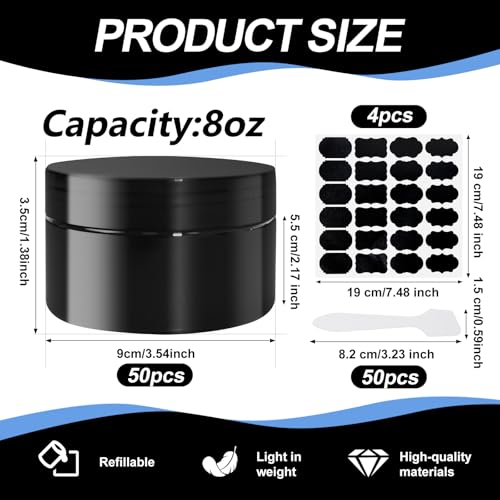 50 Pcs Plastic Jars with Lid 8 oz Plastic Cosmetic Containers Round Lotion Sample Containers Leak Proof Empty Cosmetic Jars Refillable Travel Jars for Storage Cream Powder Ointment Supplies(Black)