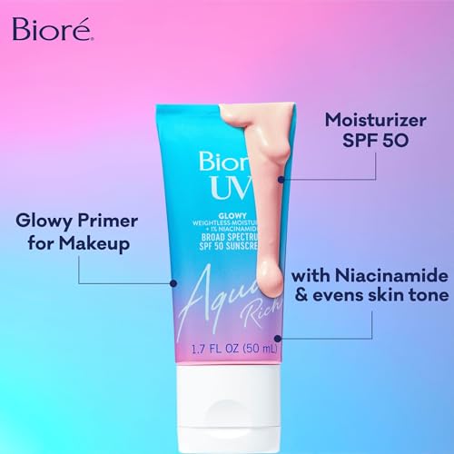 Bior? UV Aqua Rich Glow Enhancing Moisturizer with SPF, Daily Moisturizer with SPF 50, 1% Niacinamide Facial Sunscreen, 1.7 Oz