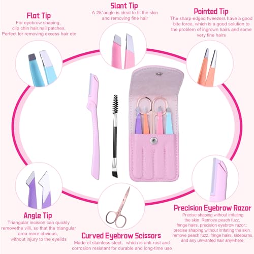 12 Set 6 Pcs Eyebrow Tweezers Kit Christmas Stocking Stuffers Professional Stainless Steel Tweezers Set for Women and Men Facial Hair Splinter and Ingrown Hair Removal(Pink)