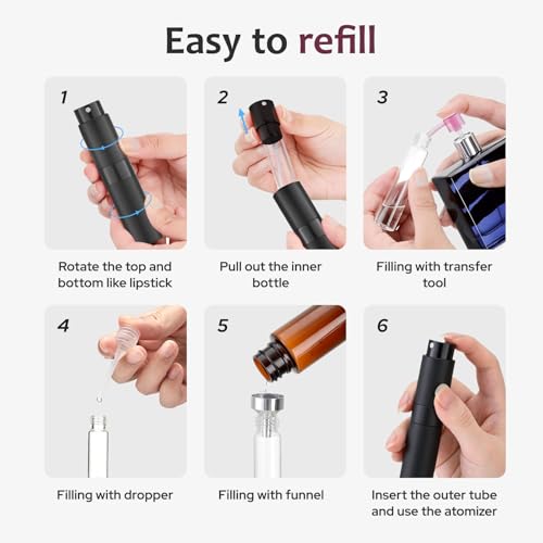 LISAPACK 8ml Travel Refillable Perfume Bottles - Set of 3 Colors Black Silver Blue