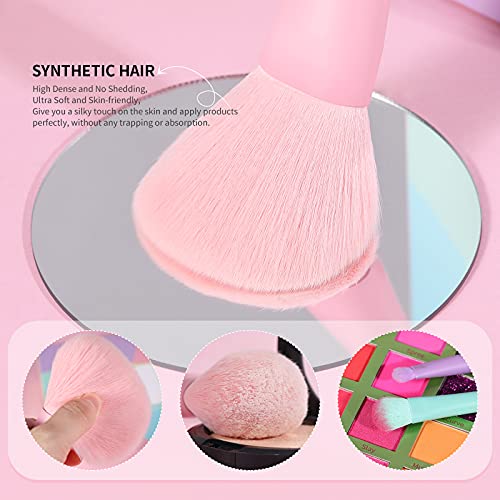 Docolor 17Pcs Colourful Makeup Brush Set + 3 Pcs Pea Pod Makeup Sponge, Premium Synthetic Kabuki Foundation Blending Rainbow Professional Make Up Brush Tool
