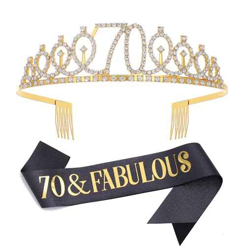 "70 & Fabulous"Sash & Rhinestone Tiara Set, Black Gold 70th Birthday Gifts for Women, Birthday Sash/Tiara for Women's 70th Birthday Party Decoration (Black 70th)