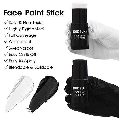 BOBISUKA Black White Face Paint Stick with Setting Powder Set, Eye Black Sticks for Sports, Body Paints for Clown Skeleton Vampire Skull Cosplay Special Effects Costume SFX Halloween Makeup Kit