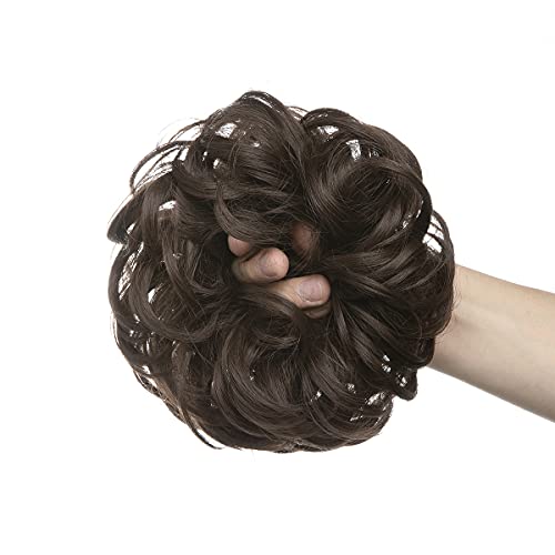 CJL HAIR Large Messy Bun Hair Piece Wavy Curly Scrunchies Synthetic Chignon Ponytail Hair Extensions Thick Updo Hairpieces for Women (Wavy, Curly, Dark Brown)