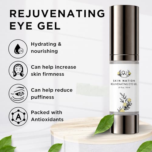Skin Nation Rejuvenating Eye Gel, Super Hydrating with Peptides, Hyaluronic Acid and Green Tea, Lightweight Plant Based Under Eye Cream for Puffiness, Dark Circles and Smooth Skin, 0.51 oz