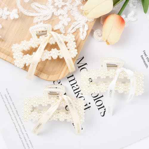 DEEKA Bridesmaid Gifts Set of 8 Bridesmaid Proposal Gift Pearl Bride Hair Clips with Ribbon Large Hair Clips Bachelorette Party Favors Bridal Party Present Gifts (Rectangle White&Champagne)