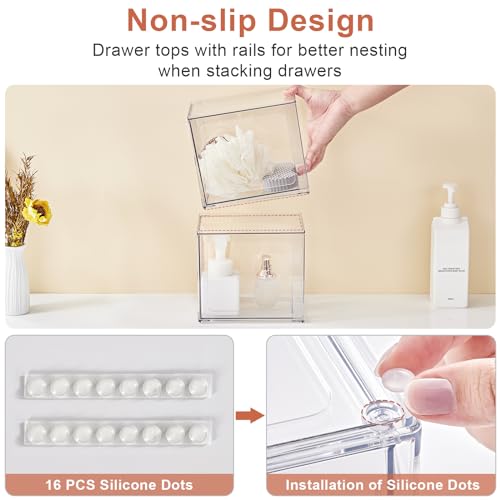 SMARTAKE 4 Pack Stackable Makeup Organizer Drawers, Acrylic Bathroom Organizers, 6.6'' Tall Clear Plastic Storage Drawers for Vanity, Undersink, Kitchen Cabinets, Skincare, Pantry Organization