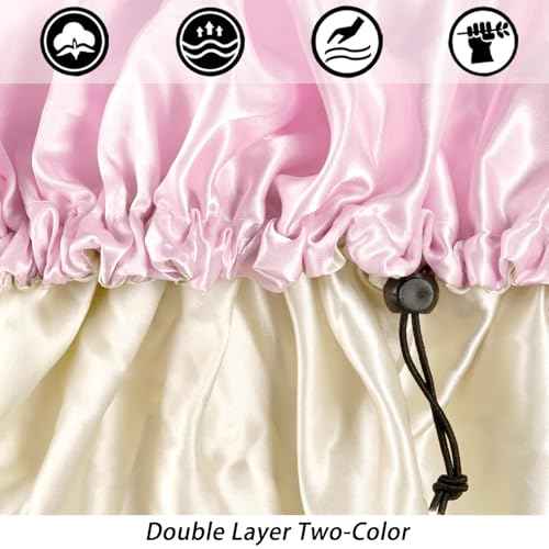 Satin Silk Bonnet for Curly Hair Bonnet Braid Bonnet for Sleeping Bonnets for Women Large Double-Layer Adjustable(Black&Pink)