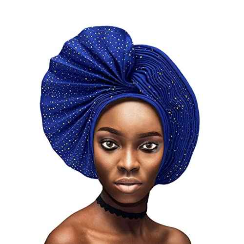 African Head Wrap Already Made Auto Gele Headties Women's Turban Hats&Caps Beading Wedding Nigerian Fashion Headbands (Royal Blue)