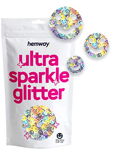 Hemway Ultra Sparkle Glitter - 1/4" 0.25" 6mm - Smiley Face Cosmetic Glitter Shapes for Decoration, Art, Nails, Crafts - Silver Holographic - 50g