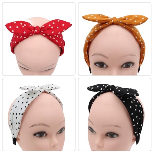 Aushamtai 4PCS Polka Dot Bunny Ears Knot Headbands for Women Girls - Adjustable Hair Accessories