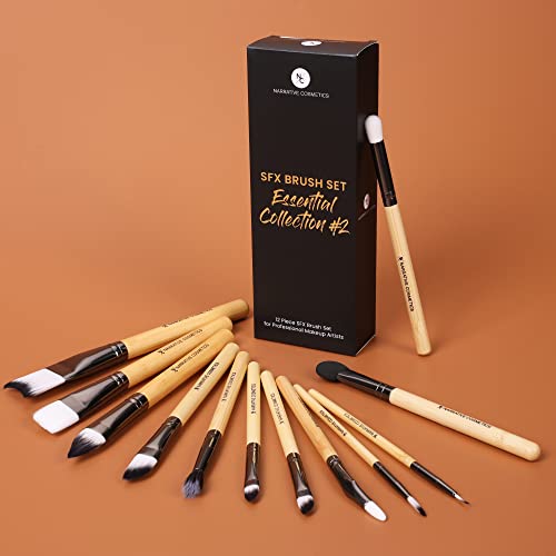Narrative Cosmetics SFX Brush Set, Essential Collection #2, 12 Makeup Brushes with Synthetic Bristles & Natural Bamboo Handles
