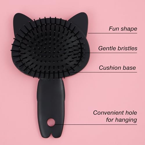 Hairbrush - 1pc Cute Animal Character Hairbrush, Comfort & Control Cushion Hair Brush w/Gentle Bristles, Cushion Base, and Animal Ears (BLACK CAT)