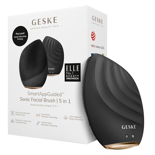 GESKE SmartAppGuided¢â Sonic Facial Brush 5 in 1 | Vibrating Electric Facial Cleansing Brush | Soft Silicone Brush | Professional Facial Cleanser | Skin Cleanser & Exfoliator | Face Massager