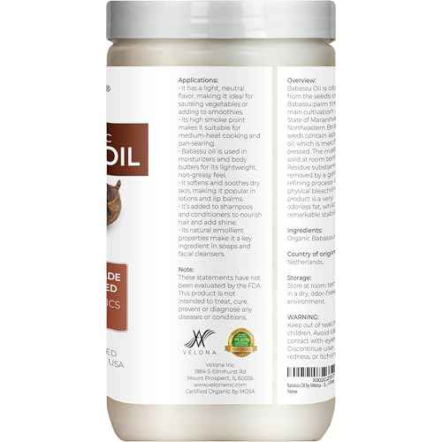 velona Babassu Oil USDA Certified Organic - 64 Fl Oz | 100% Pure and Natural Carrier Oil | Refined, Cold Pressed | Face, Hair, Body & Skin Care and Cooking | Use Today - Enjoy Results