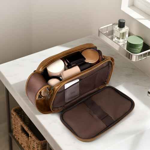 Toiletry Bag for Men,Large Leather Dopp Kit & Travel Organizer, Water-Resistant Shaving Bag for Traveling Gift for Him (Brown)