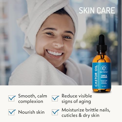 Eve Hansen Organic Castor Oil | Pure 2oz Carrier Oil for Hair, Skin, Eyelashes & Eyebrows