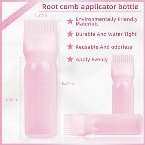 BLAAROOM Root Comb Applicator Bottle 6 Ounce, 2 Pack Hair Oil Applicator Bottle, Hair Dye Bottle Applicator Tools with Hair Oil Dispenser Root Comb Brush for Hair Oiling Applicator - Pink