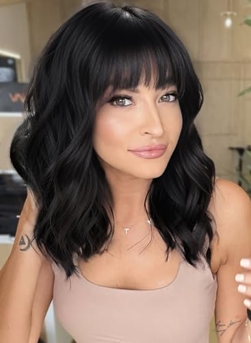 AISI HAIR Bob Curly Wig 14 inch Black Synthetic with Bangs