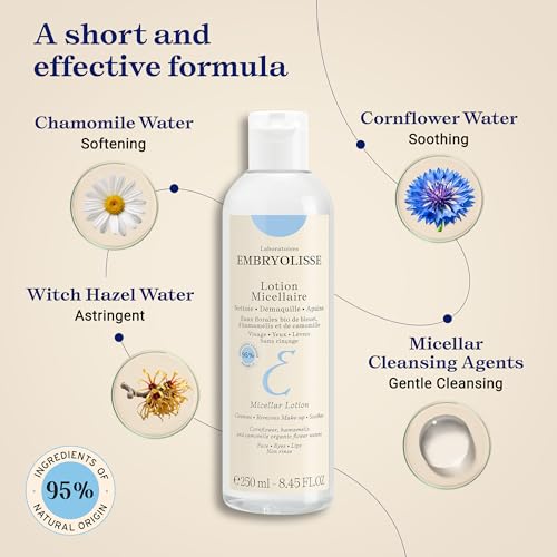 Embryolisse Micellar Lotion Makeup Remover for Sensitive Skin, Gentle Cleansing and Toning Floral Water with Chamomile, Cornflower & Witch Hazel, No-Rinse