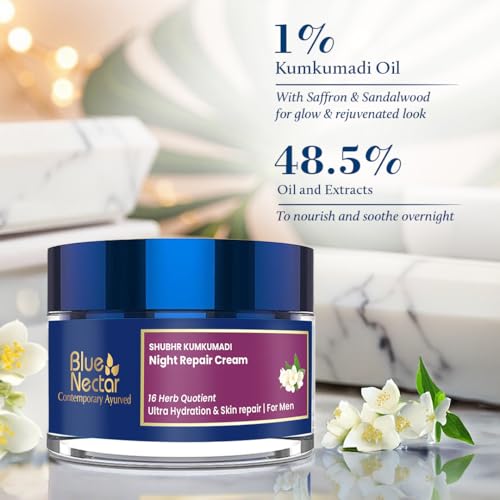 Blue Nectar Kumkumadi Night Cream with Jasmine for Deep Hydration with Kumkumadi Oil & Organic Ghee | Plant-Based Moisturizer for Smooth, Radiant and Glowing Skin (Men, 16 Herbs, 1.7 Fl oz)