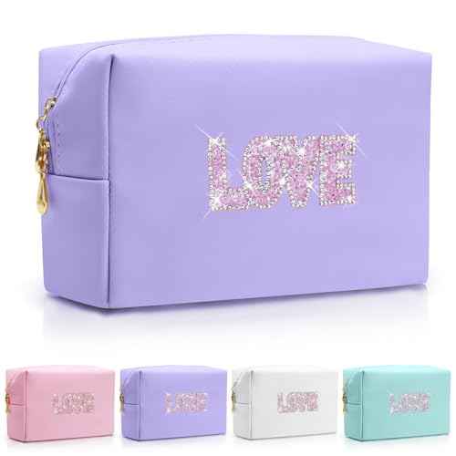Bling Love Rhinestone Makeup Bag For Teen Girl Kids Women Bride Bridesmaids,Trendy Travel Cosmetic Bag For Mothers Teachers Birthday Engagement Wedding Gifts,Sparkly Leather Toiletry Bag (Purple LOVE)