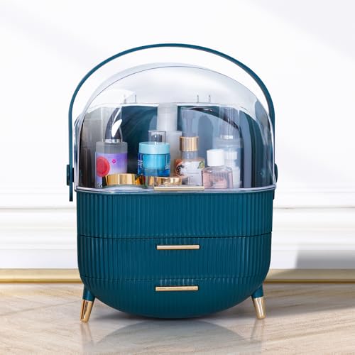 Makeup Cosmetic Organizer Box with Drawer Storage - Plastic Oval Storage Organizer with Turn Lock, Large Capacity for Women¡¯s Skincare and Beauty Products (Green)