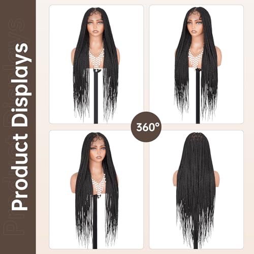 Box Braided Wig Full Double Lace Glueless Braids Wig with Baby Hair Human Hair Blended Synthetic Black Braided Wig for Black Women (1B, 30 Inch)