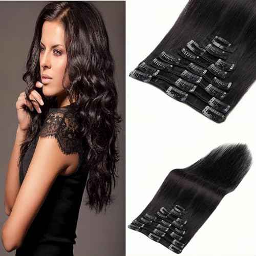 22INCH Clip In Hair Extensions Real Human Hair, Remy Human Hair Extensions 8PCS Long Soft Natural Hair piece 14-28 Inch Straight Hair Extension for Women(80g-120g 1B# Natural Black)