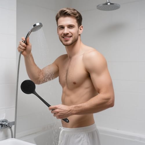 Dual-Sided Silicone Body Scrubber with Long Handle & Lather Balls