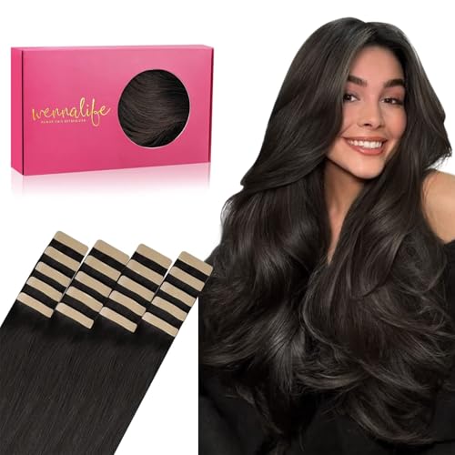 Wennalife Dark Brown Tape-In Human Hair Extensions 20pcs, 18 Inch, 50g - Remy Straight Hair