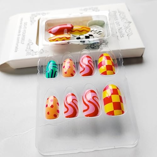 Short Almond Press-On Nails Set - 24pcs Colorful Acrylic with Geometric Design