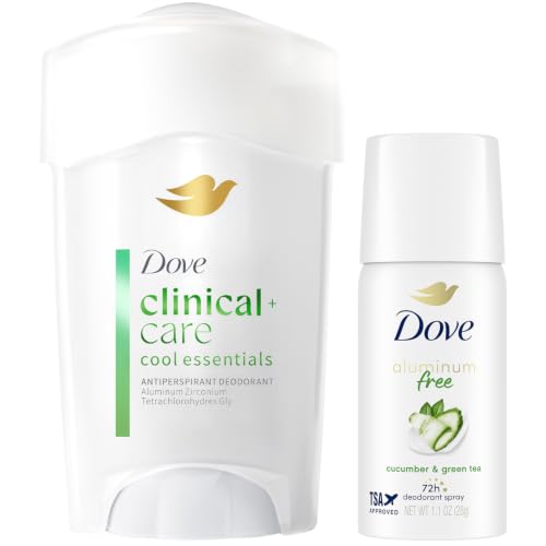 Dove Clinical & Care Deodorant Set - Travel Size Aluminum-Free & Prescription Strength - Cool Essentials + Cucumber & Green Tea (2 Pack, 0.85 oz each)
