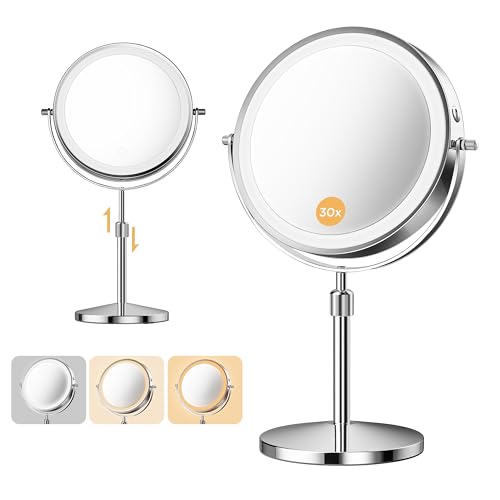 1X/30X Double-Sided Makeup Mirror with Light - 3 Color Modes