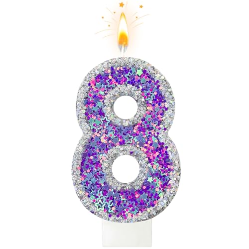 Number 8 Birthday Candle - Purple & Silver Glitter Cake Topper