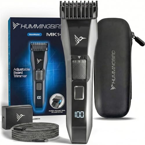HUMMINGBIRD MK14 BeardMaster ? Premium Beard Trimmer for Men, Precision Dial, Adjustable 20 Length Settings, Stainless Steel T-Blade, Cordless USB-C Rechargeable, Waterproof, LED Display, Travel Case