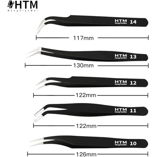 HengTianMei Precision Tweezers Set, ESD Anti-Static Stainless Steel Tweezers Set for Craft, Jewelry, Electronics, Laboratory Work (14 PCS)
