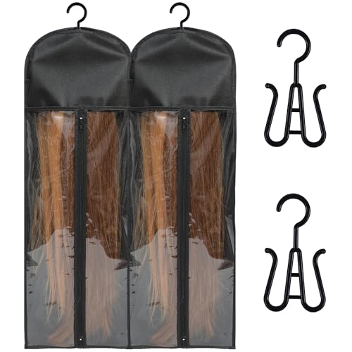 AIAIZHQH 2 Packs Extra Long Hair Extension Holder Wig Holder Wig Storage Bags with Hanger, Wig Storage for Multiple Wigs Hair Extension Hanger with Bag (31.5 Inch, 2Pcs Black)