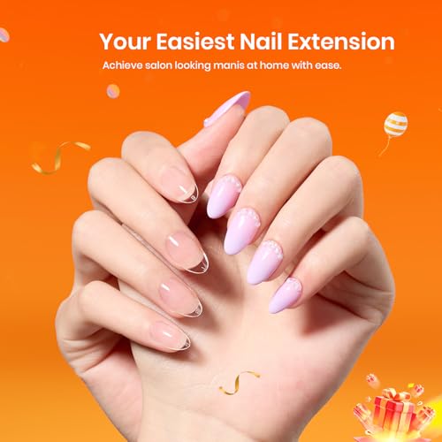 Beetles Gel Nail Kit Short Almond with Nail Dehydrator and Primer, 576Pcs Half Matte Etch-X Nail Tips Solid Nail Glue Mini Nail Lamp Nail Extension Set Gift, with Blooming Gel 15ml for Spreading Effec
