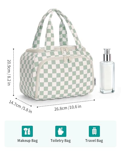 Narwey Large Checkered Travel Toiletry Bag - Makeup Organizer with Handle