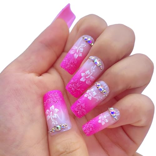 NGMATY Press On Nails Long Pink Gradient Threedimensional Petal Rhinestone Fake nails 12 Sizes 24 Pcs Gel False Nail Set