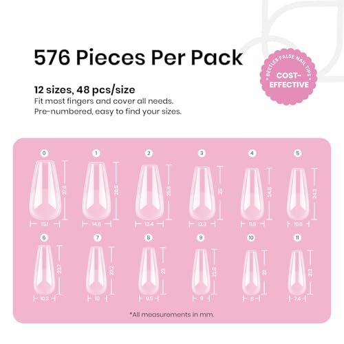 Beetles Gel Nail Tips Medium Coffin A- Coffin M 576PCS - Pre-etched, Strong & Durable Fake Nails for DIY Manicure