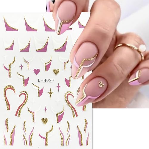 6 Sheets French Tip Nail Art Stickers 3D Self-Adhesive Gold Glitter Nail Decals Stripes Waves Lines Nail Design Stickers Acrylic Nail Art Supplies DIY for Women and Girls Manicure Tips