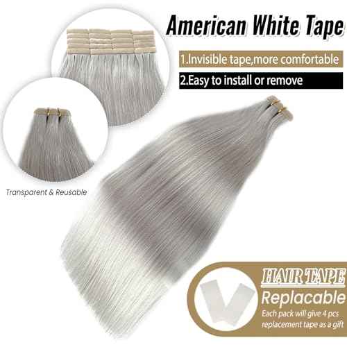 Silver Grey Tape in Hair Extensions Real Human Hair 24 Inch Invisible Seamless PU Tape in Hair Extensions Double Sided Silky Straight Human Hair 50/20pcs