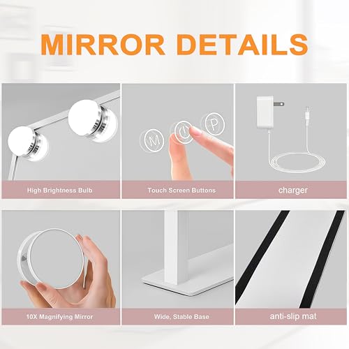 Lighted Vanity Mirror with 9 LED Lights, Detachable 10x Magnifying Mirror, 3-Color dimmable Hollywood Makeup Mirror, Smart Touch Control, Metal Frame, 360-degree Rotation, White/Black (White)