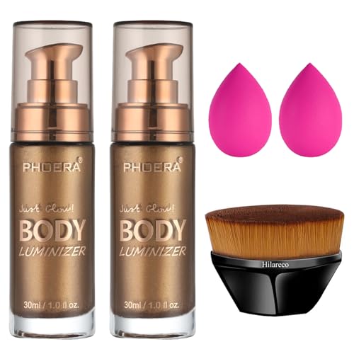 PHOERA Body Shimmer Oil, Body Bronzer Shimmer Oil,Body Glow Oil Shimmer Highlighter Luminizer Body Illuminator with Body Makup Bursh,Self Tanning Lotion,1oz/Jars (2PCS 103 Glistening Bronze)