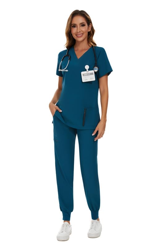 COZYFIT Scrubs for Women Set - Stretch V-Neck Scrub Top & Jogger Pant with 8 Pockets, Yoga Waistband, Anti Wrinkle, Slim Fit Women Scrubs